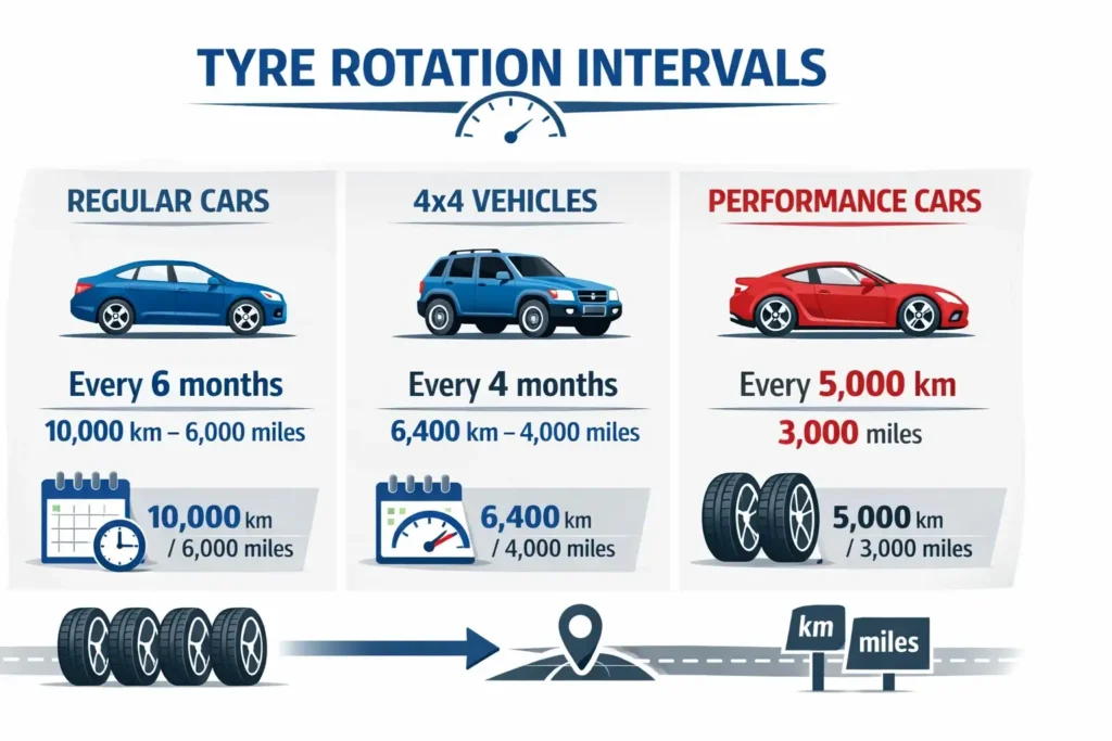 Tyre rotation schedule for regular cars, 4x4 vehicles, and performance cars.